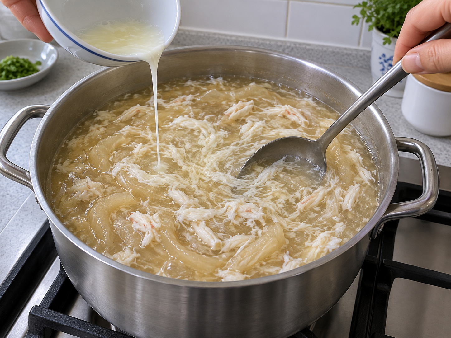 Cantonese Crab Meat and Fish Maw Thick Soup — Form egg ribbons