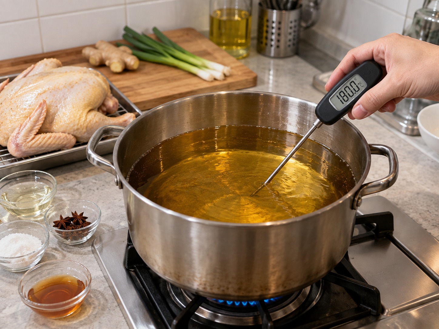 粵式炸子雞 — 深鍋食油加熱至180°C
