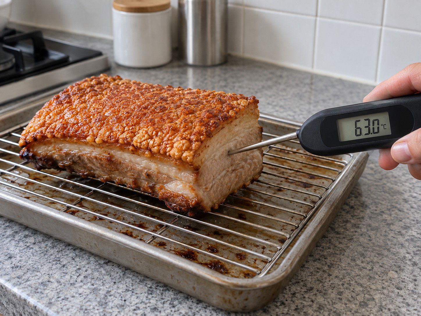 脆皮燒肉 — 11. 確認最厚肉層中心至少63°C,取出靜置10分鐘。