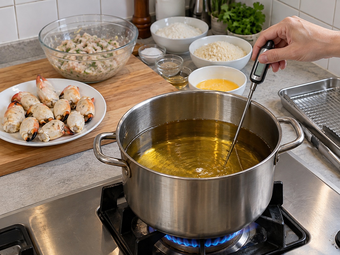 百花釀蟹鉗 — 深鍋食油加熱至170°C