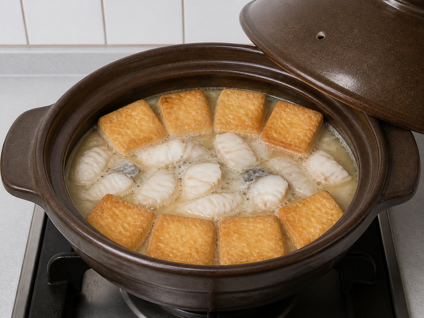 Clay Pot Ikan Fillet dan Tahu Kanton — Tambah kaldu dan masak