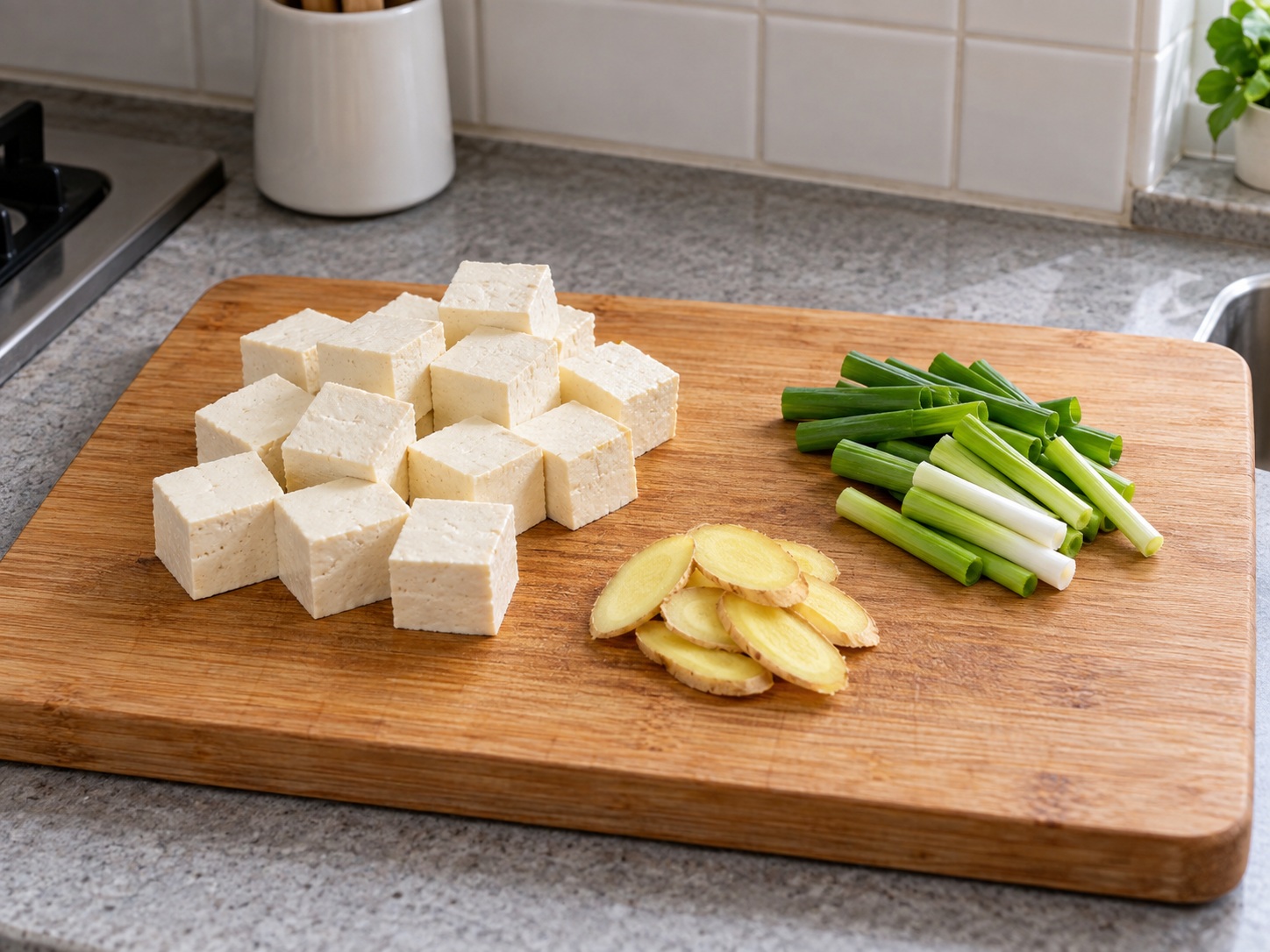 Cantonese Fish Head and Tofu Soup — Cut tofu and aromatics