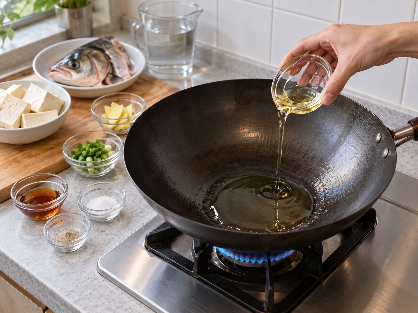 Cantonese Fish Head and Tofu Soup — Heat the oiled wok