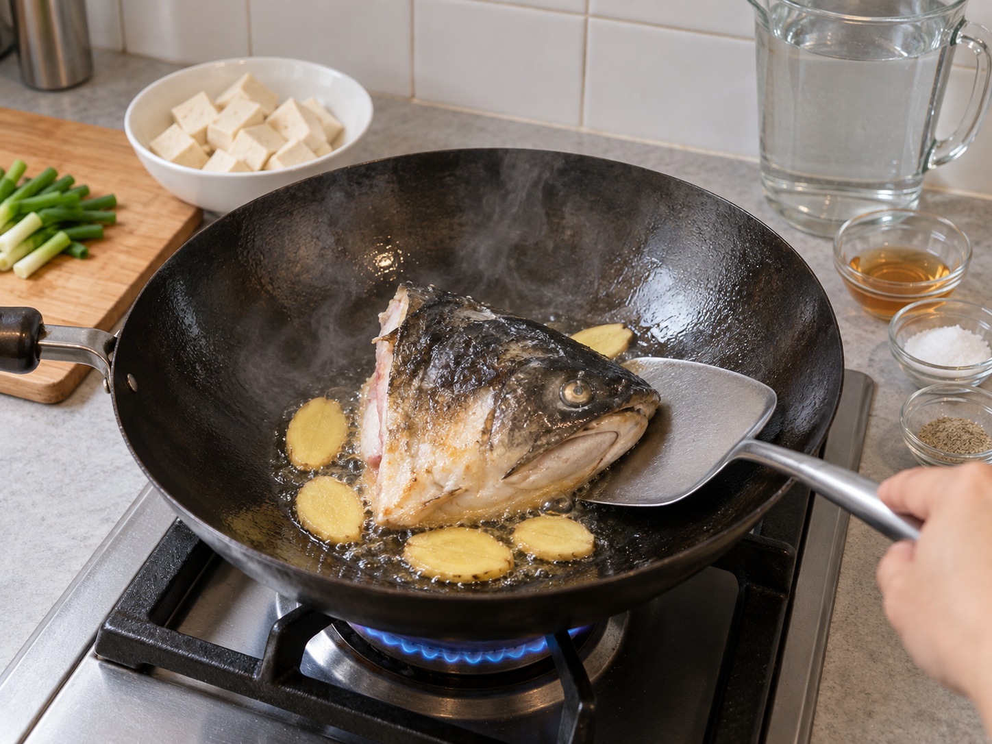 Cantonese Fish Head and Tofu Soup — Sear first side
