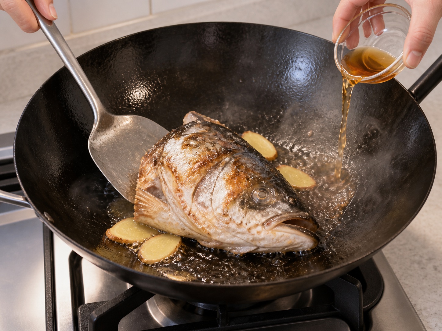 Cantonese Fish Head and Tofu Soup — Sear second side
