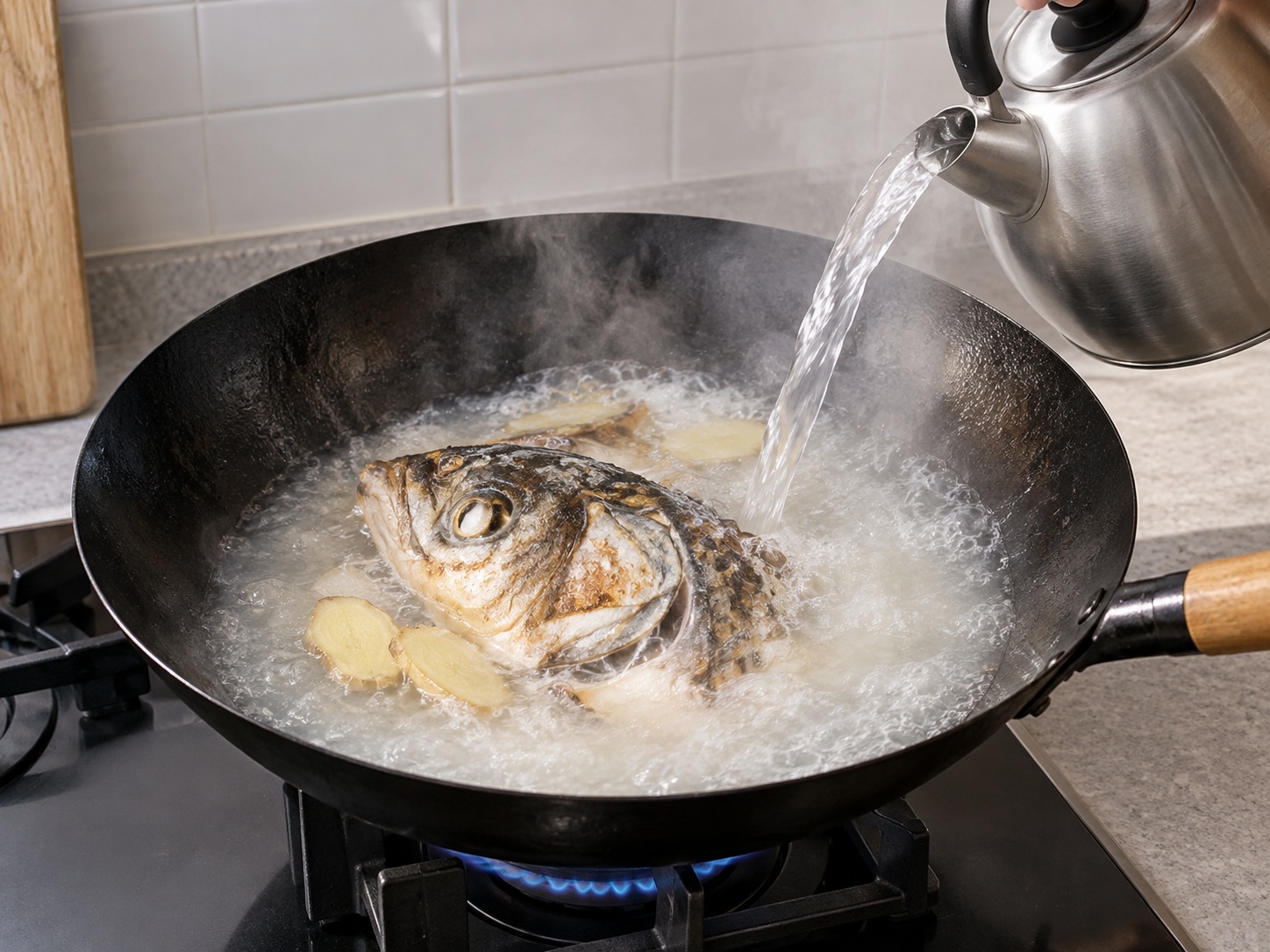 Cantonese Fish Head and Tofu Soup — Add boiling water