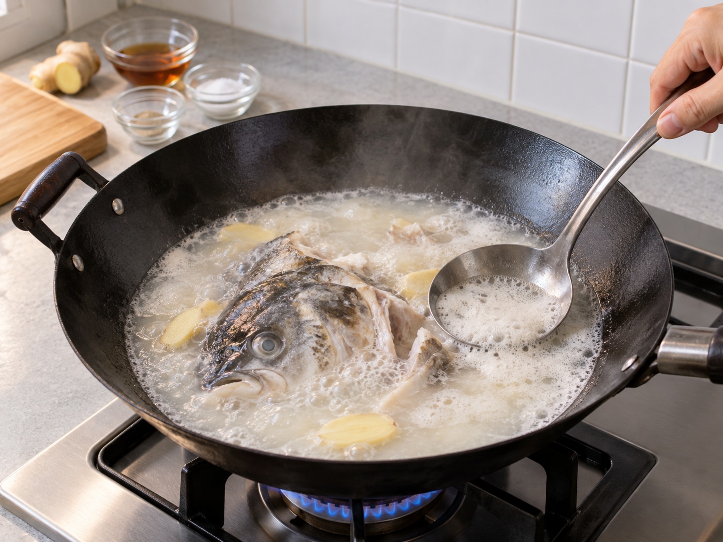 Cantonese Fish Head and Tofu Soup — Simmer the broth