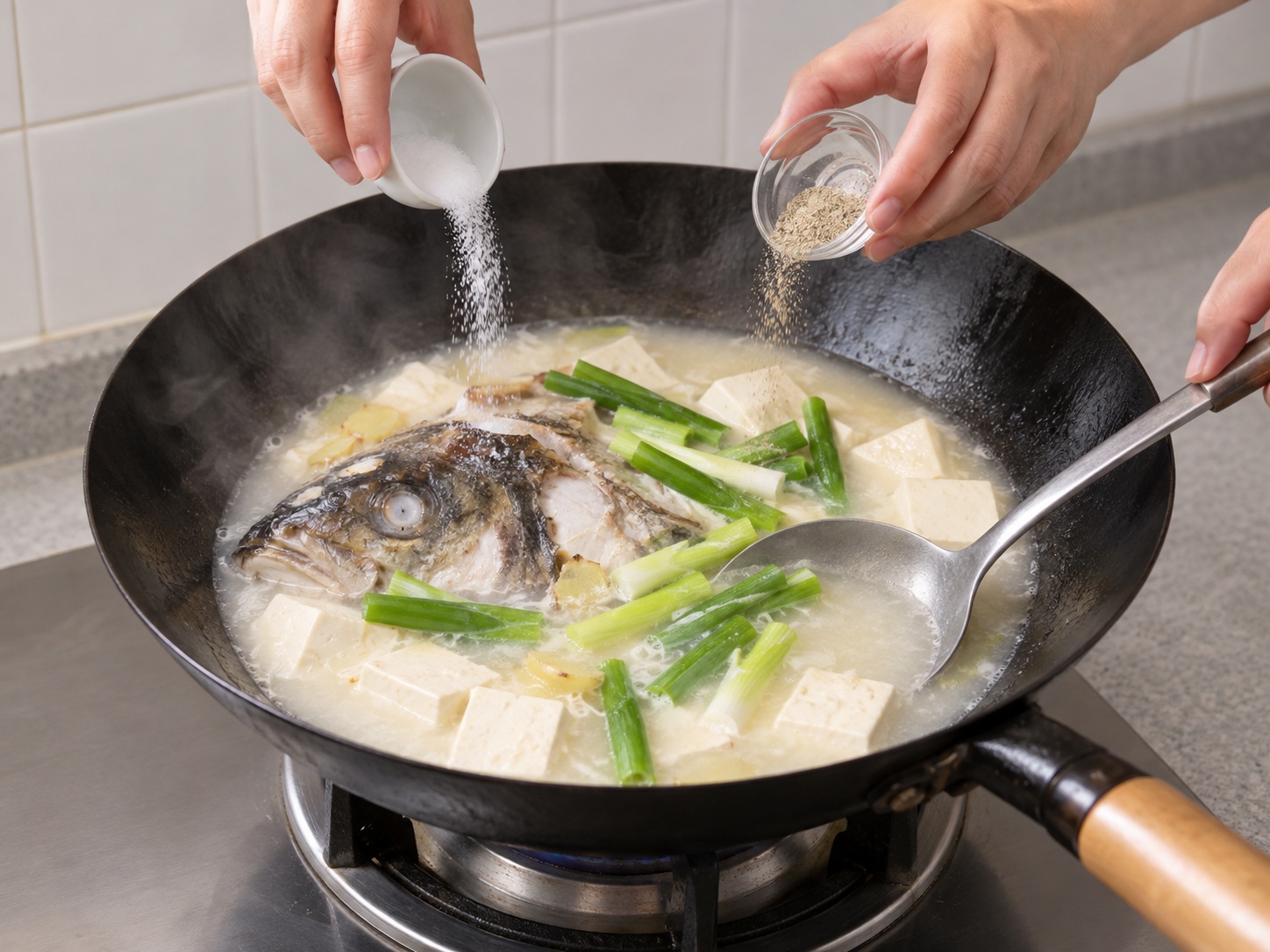 Cantonese Fish Head and Tofu Soup — Season and add scallions