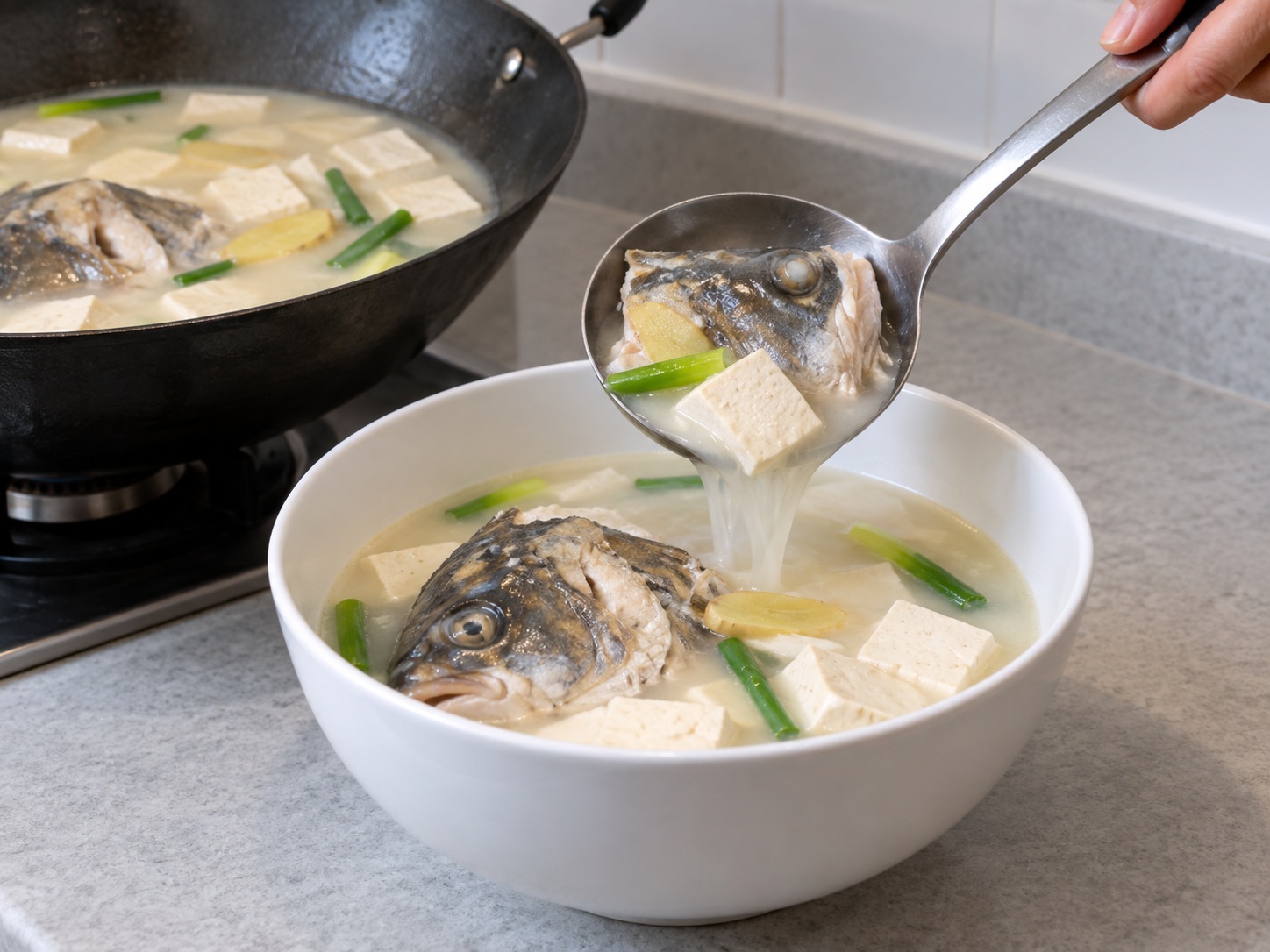 Cantonese Fish Head and Tofu Soup — Serve the soup