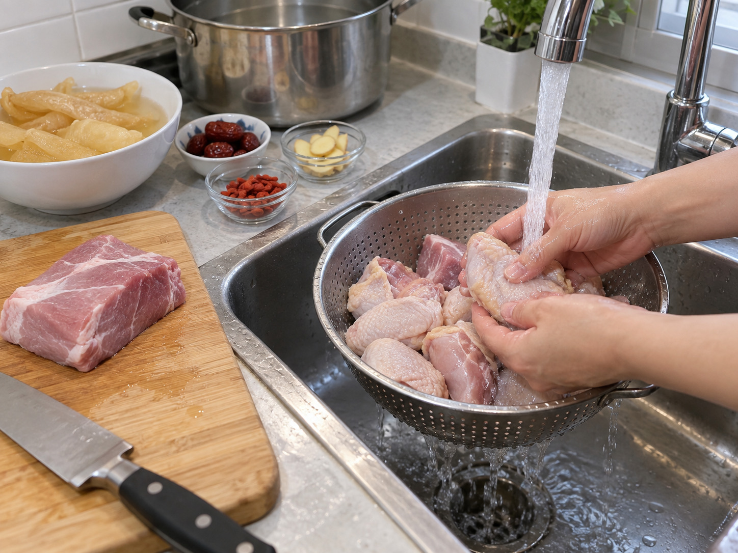 廣東花膠雞湯 — 雞件及瘦肉沖洗乾淨