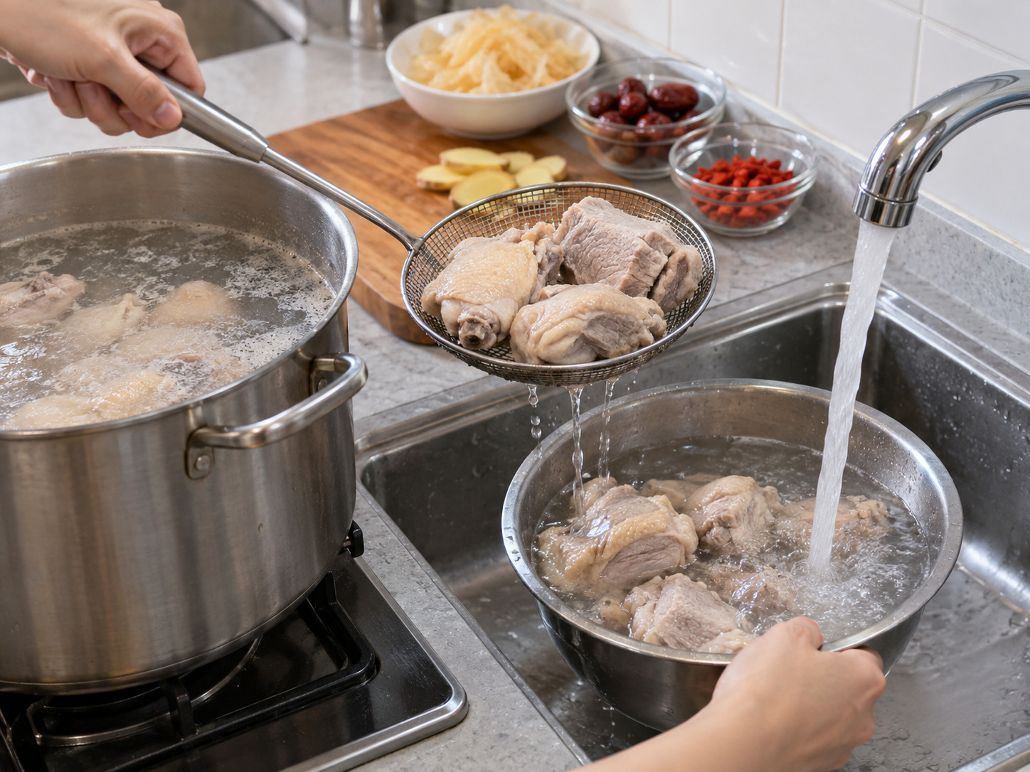 廣東花膠雞湯 — 汆水三分鐘後撈起，沖去浮沫