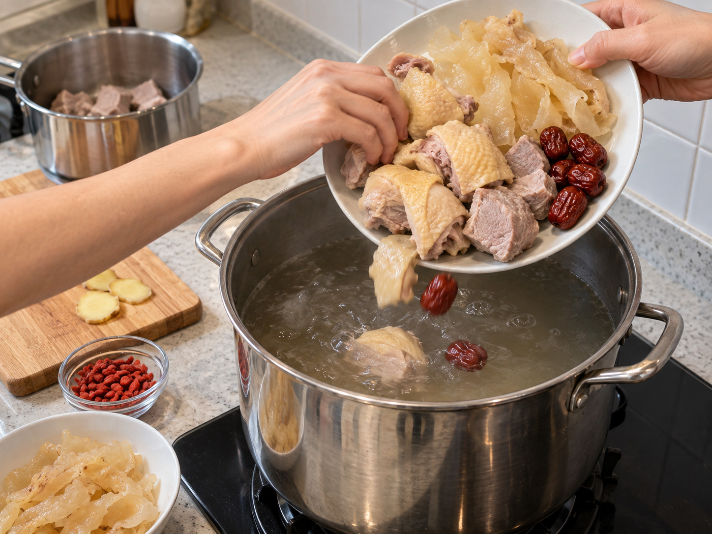 廣東花膠雞湯 — 放入雞件、瘦肉、花膠及紅棗