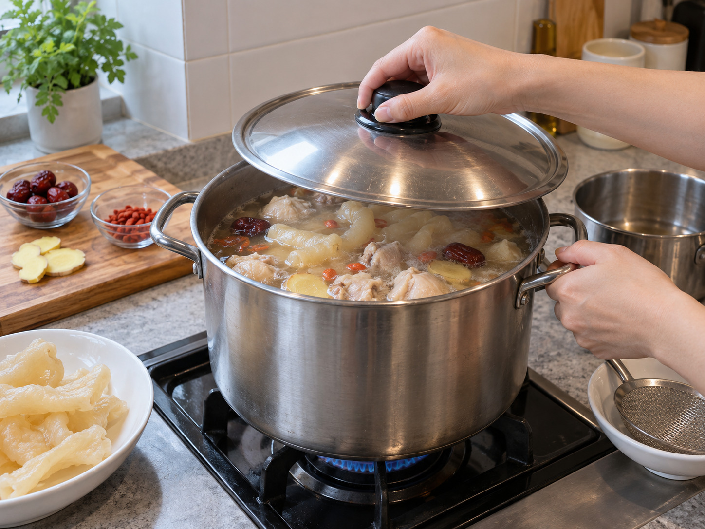 廣東花膠雞湯 — 轉小火加蓋，保持微滾煲九十分鐘