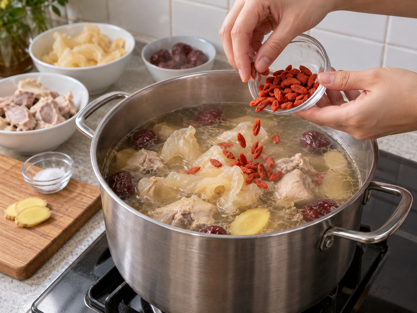 廣東花膠雞湯 — 加入杞子，再煲二十分鐘