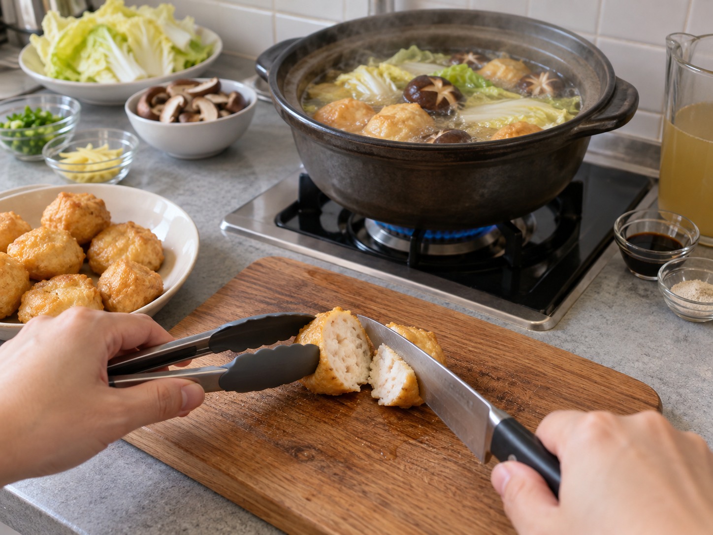 Sup Tahu Ikan dan Sawi Putih Muda — Belah satu tahu ikan untuk memastikan tengahnya sangat panas; lanjutkan memasak bila perlu