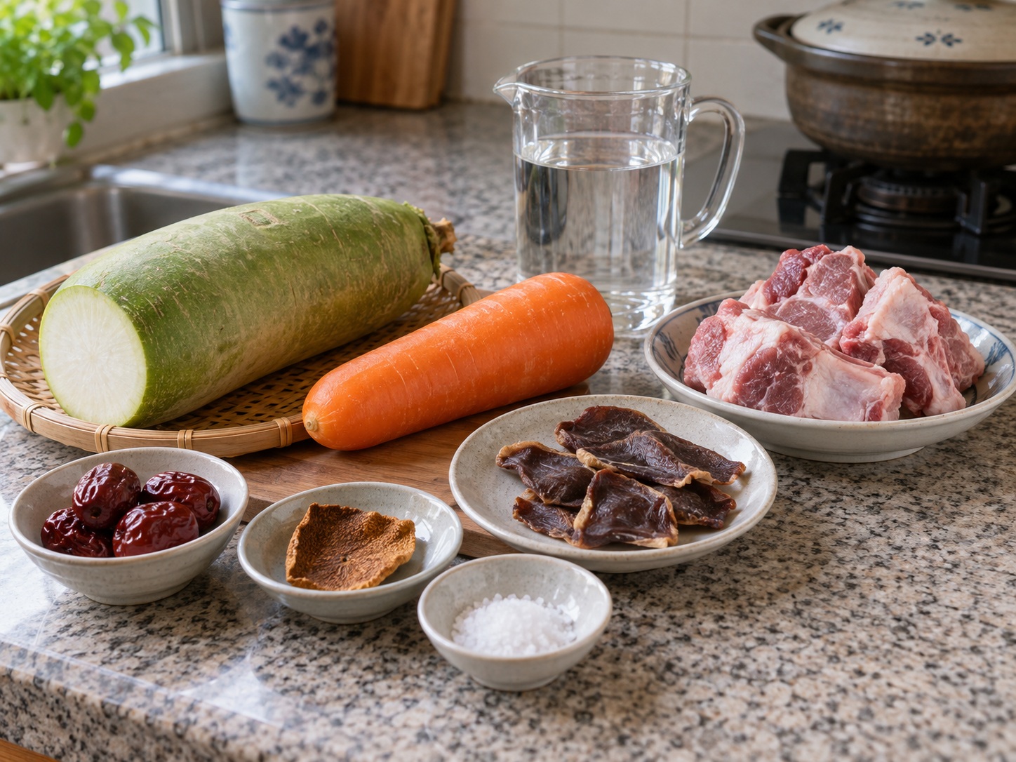 Cantonese na Sabaw ng Berdeng Labanos, Carrot, Tuyong Bato ng Pato, at Buto ng Baboy — mga sangkap