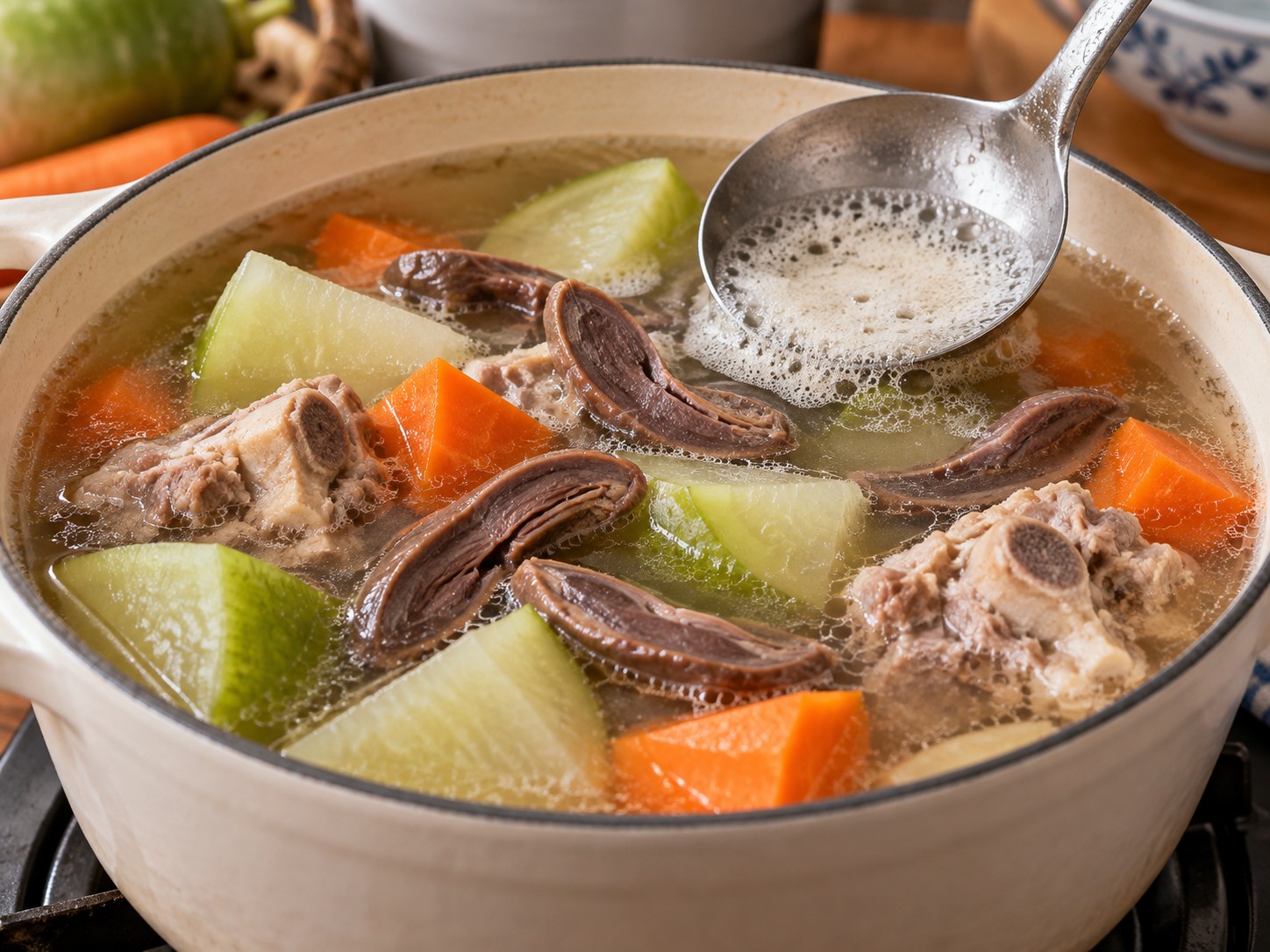 Cantonese na Sabaw ng Berdeng Labanos, Carrot, Tuyong Bato ng Pato, at Buto ng Baboy — Alisin ang bula