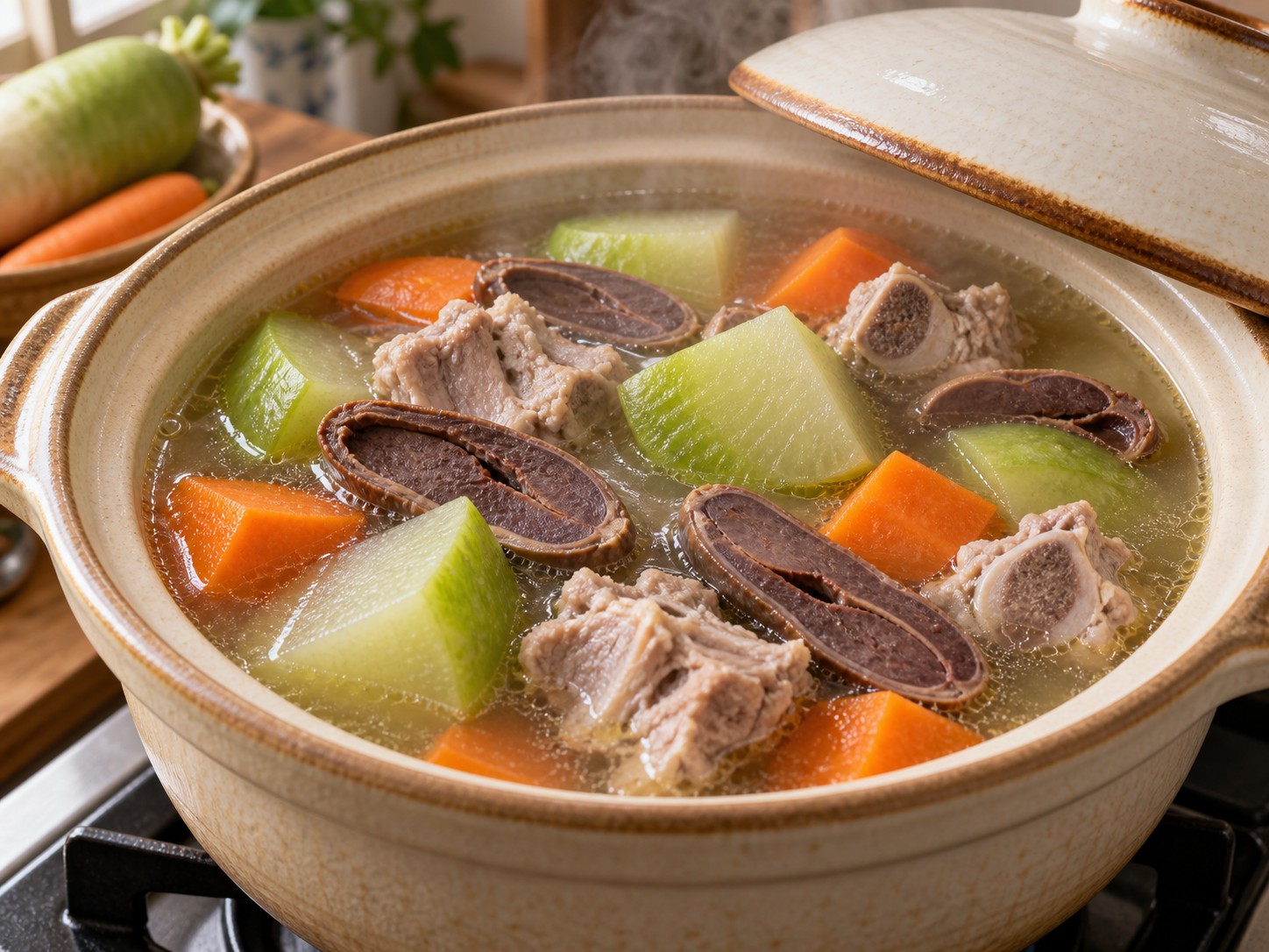 Cantonese na Sabaw ng Berdeng Labanos, Carrot, Tuyong Bato ng Pato, at Buto ng Baboy — Hinaan ang pagkulo