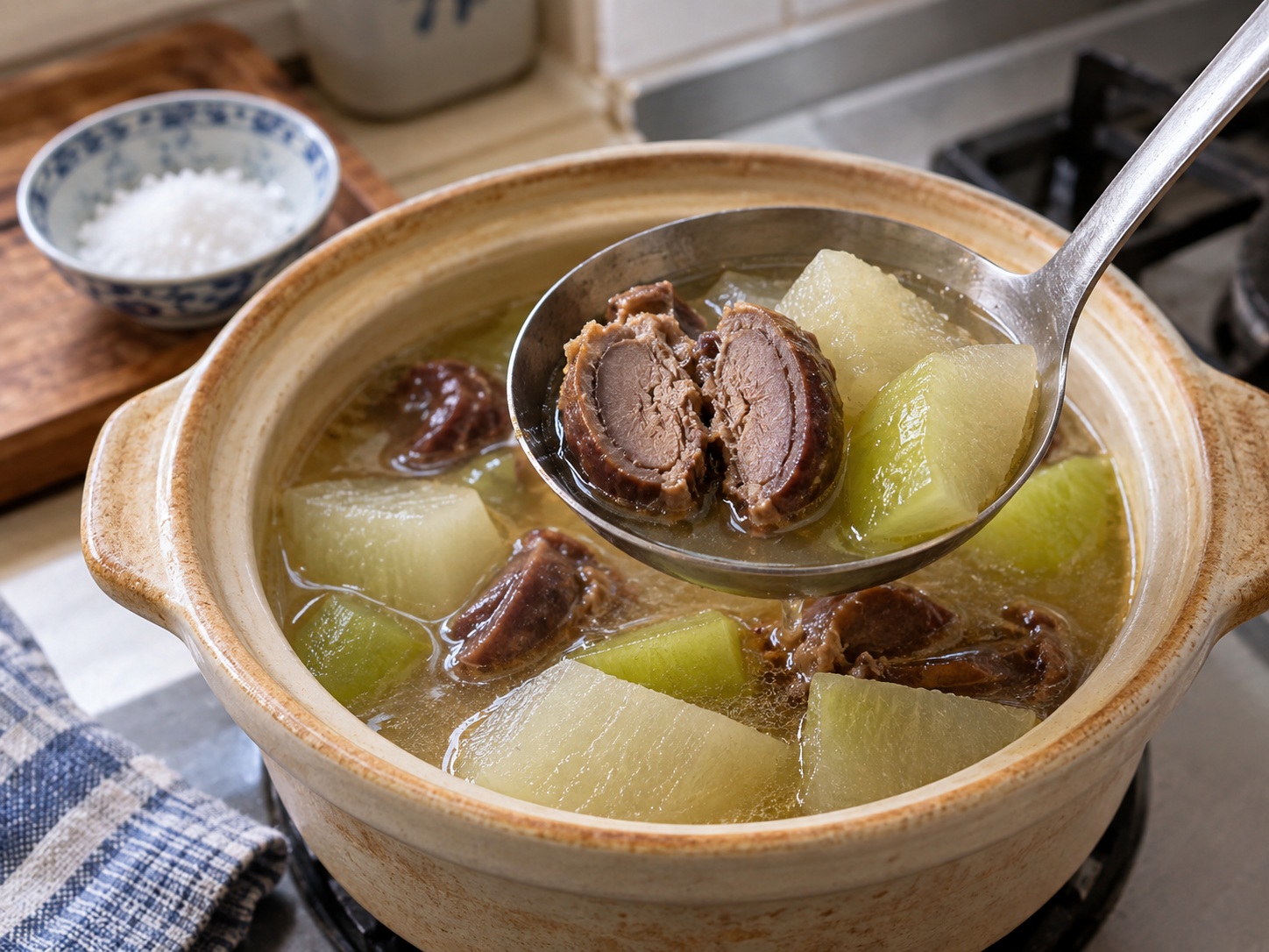 Cantonese na Sabaw ng Berdeng Labanos, Carrot, Tuyong Bato ng Pato, at Buto ng Baboy — Suriin at timplahan