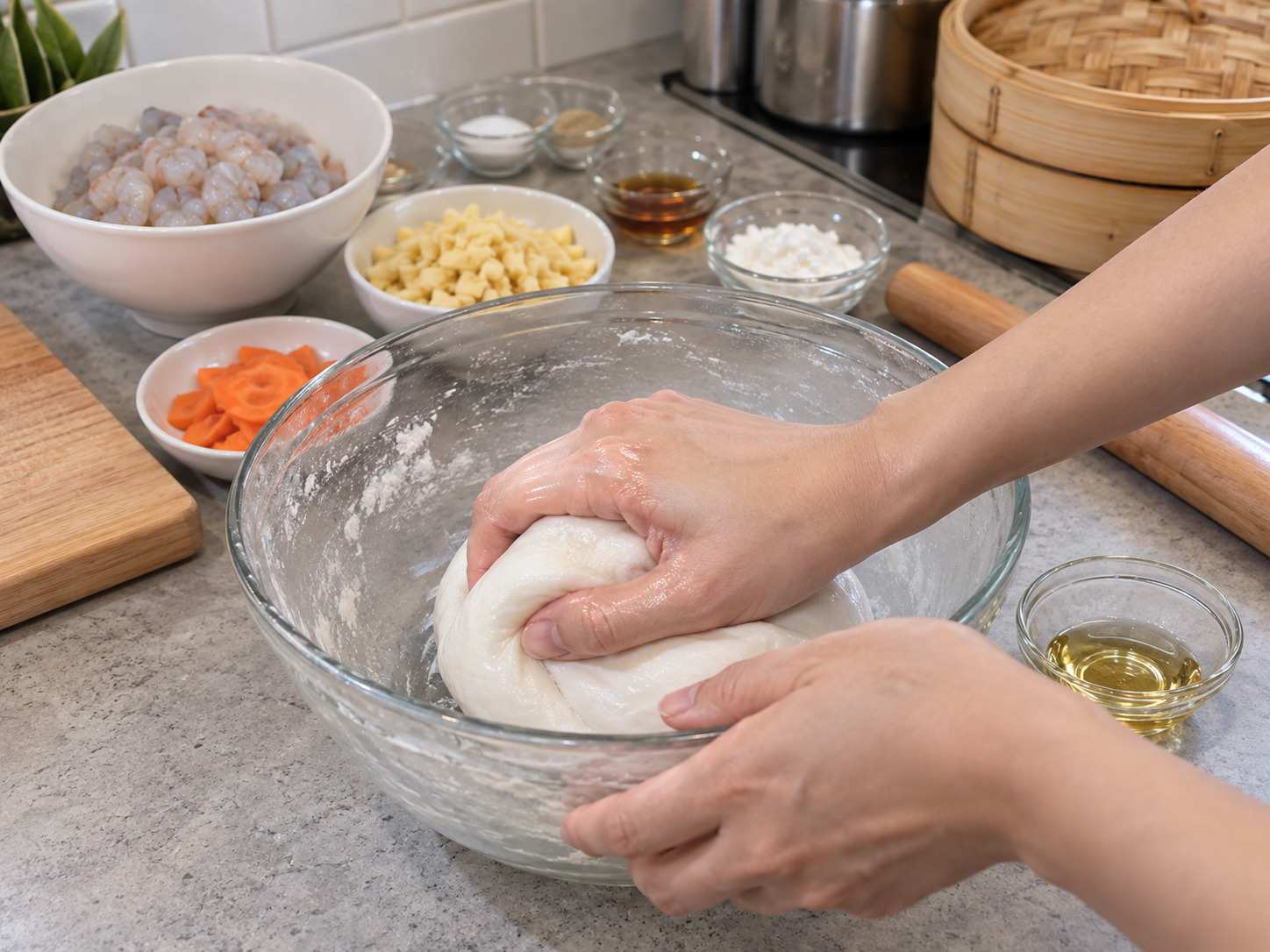 廣東水晶蝦餃 — 加入食油，趁暖揉成光滑麵團
