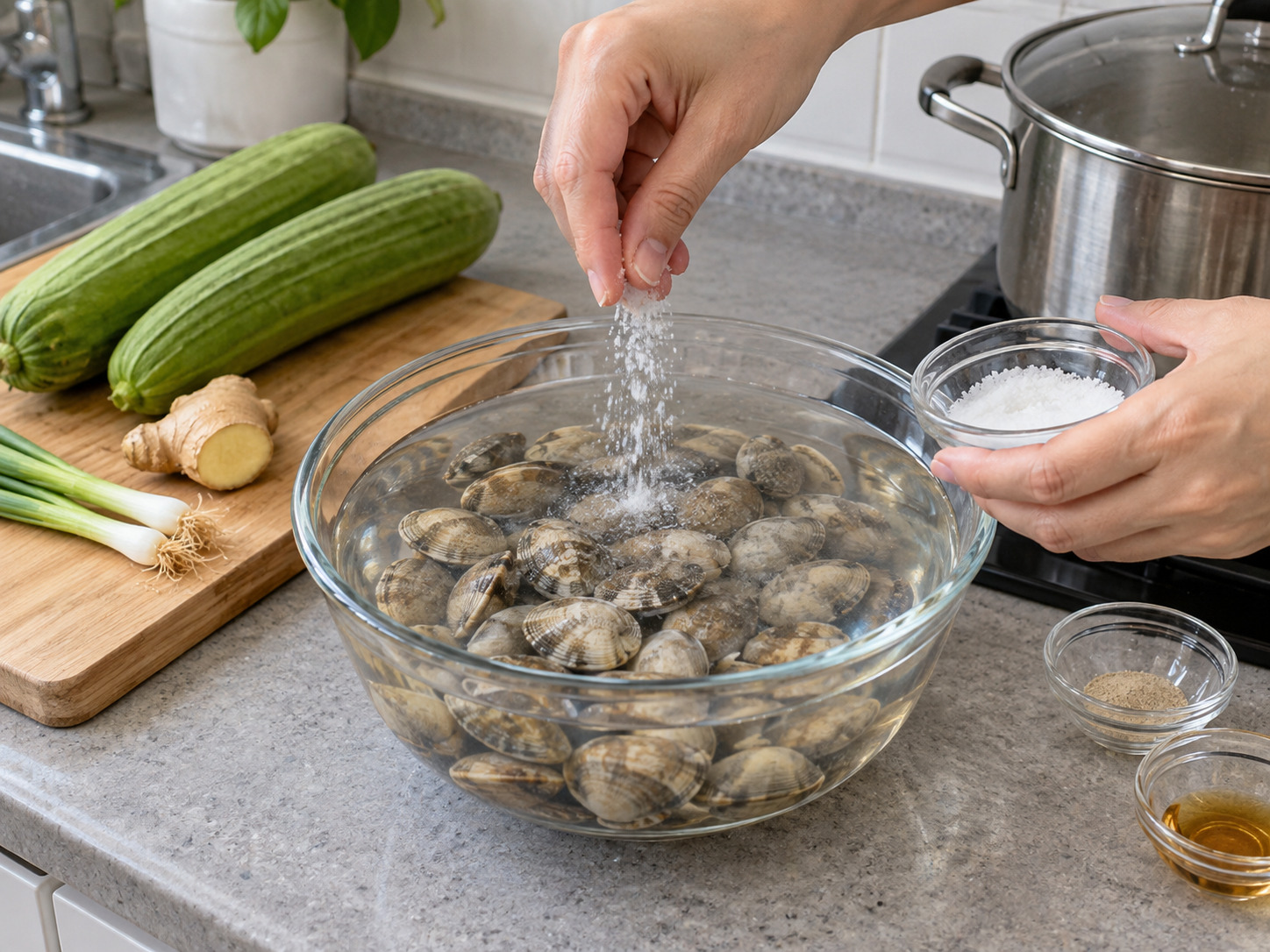 Sup Oyong dan Kerang Kanton — Rendam kerang dalam air bergaram ringan agar pasir keluar