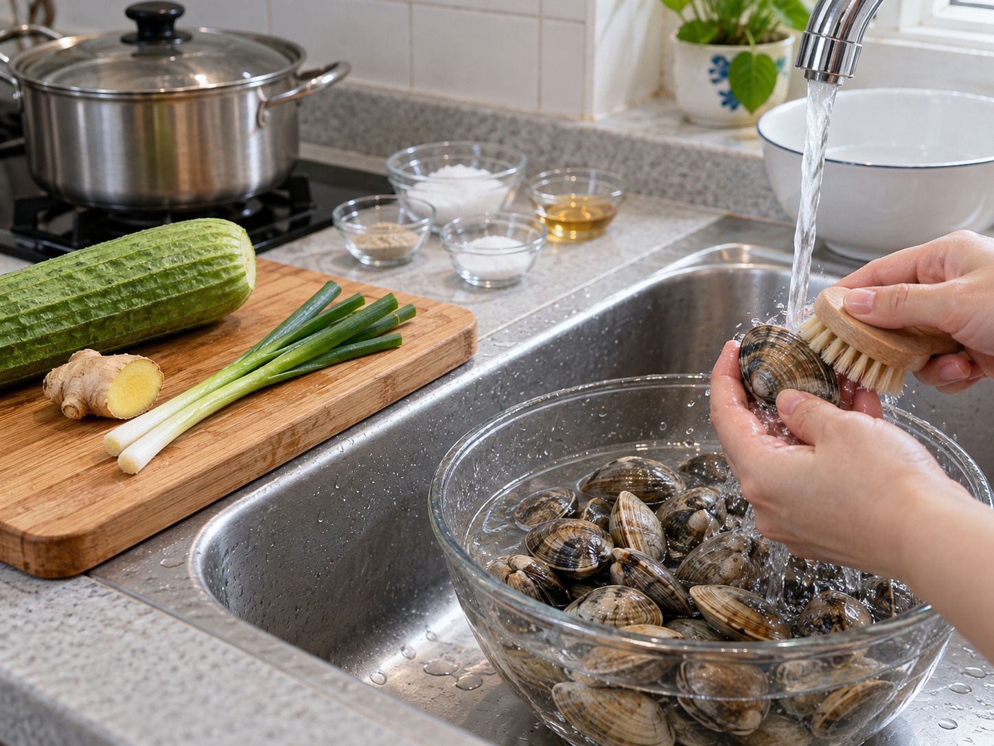 Sup Oyong dan Kerang Kanton — Sikat setiap cangkang lalu bilas kerang hingga bersih