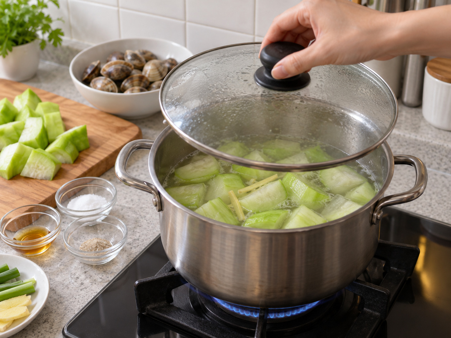Sup Oyong dan Kerang Kanton — Masukkan oyong, tutup dan masak empat menit hingga agak lunak