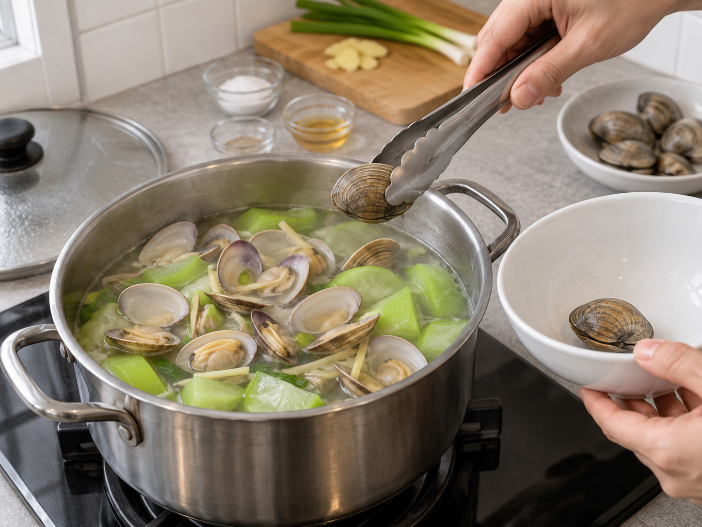 Sup Oyong dan Kerang Kanton — Matikan api setelah cangkang terbuka dan buang kerang yang tetap tertutup