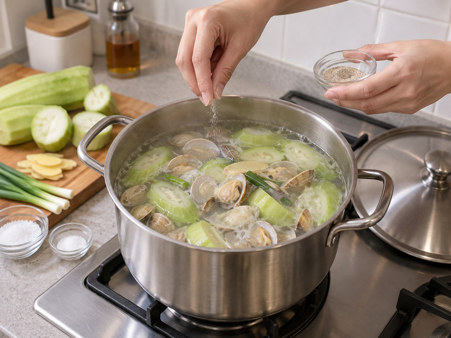 Sup Oyong dan Kerang Kanton — Bumbui sup dengan garam dan lada putih