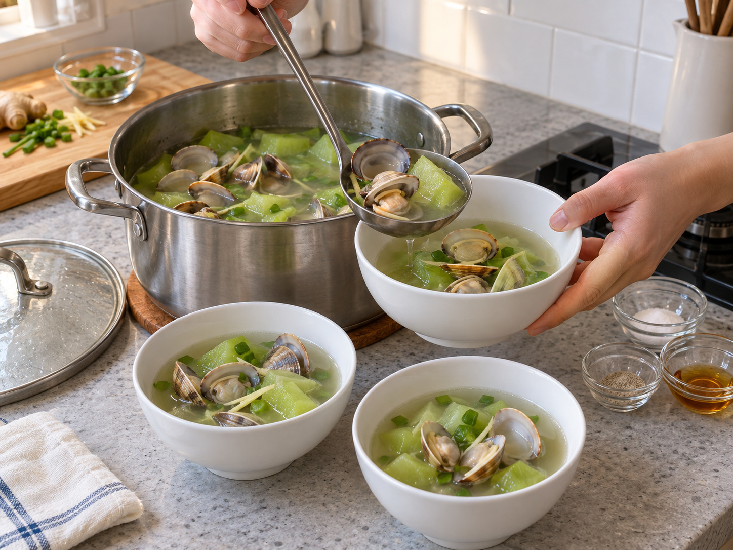 Sup Oyong dan Kerang Kanton — Bagi oyong, kerang dan kuah panas ke mangkuk lalu sajikan segera