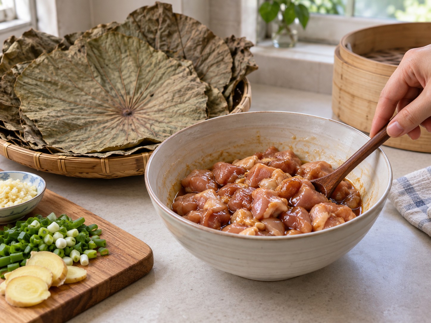 Cantonese Lotus Leaf Glutinous Rice Chicken — Hiwain at i-marinate ang chicken