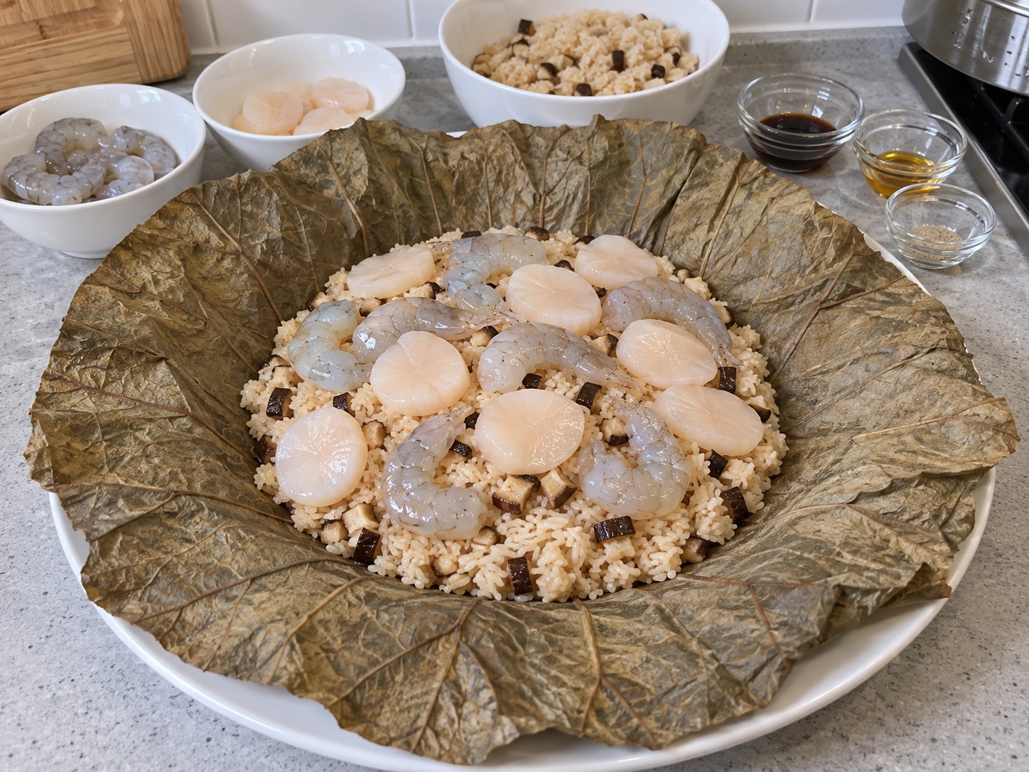 荷葉海鮮飯 — 把飯放荷葉中央，鋪上蝦及帶子成薄層