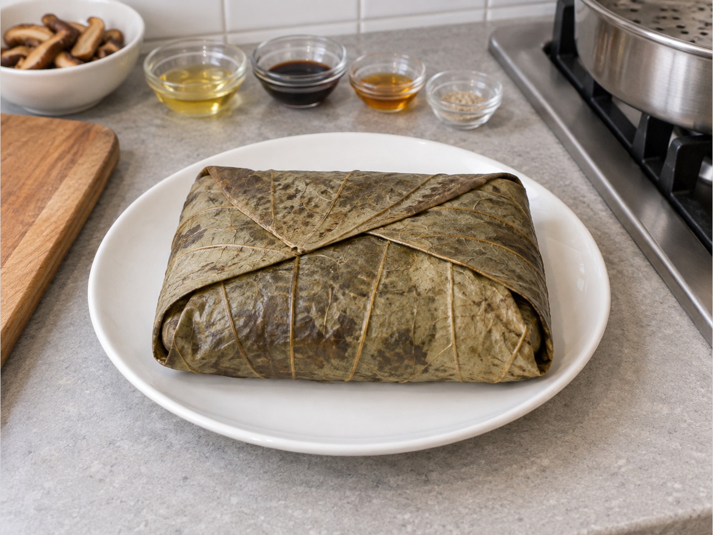 荷葉海鮮飯 — 荷葉四邊摺入包好，接口向上留在耐熱碟