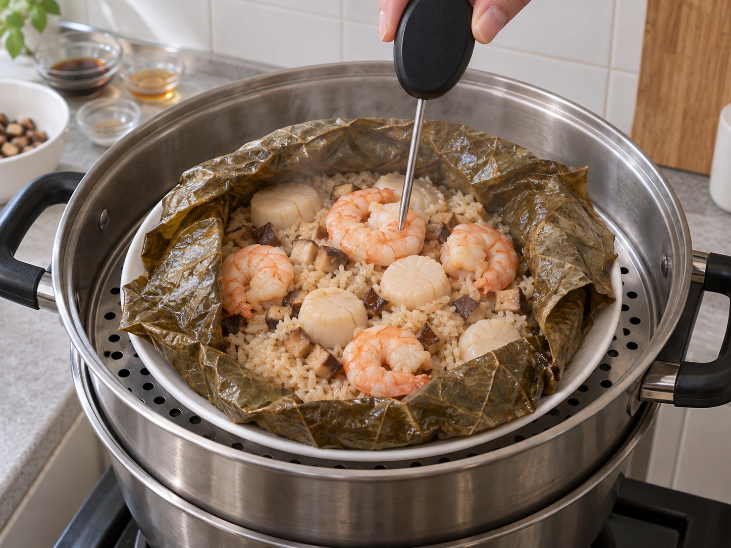 荷葉海鮮飯 — 小心揭開，量度飯及最厚海鮮均達75°C至少30秒，不足則續蒸