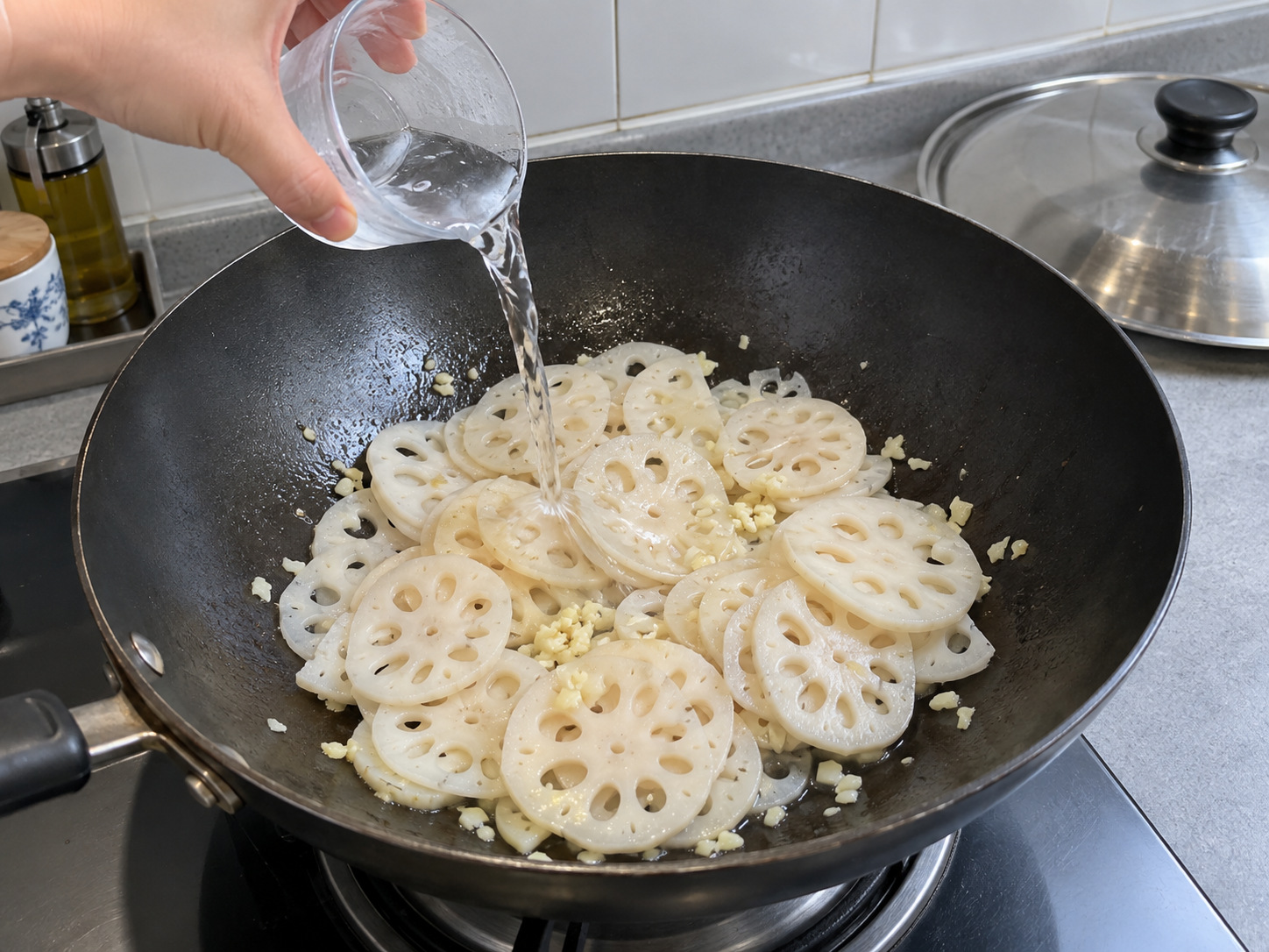 Ginisang Ugat ng Lotus at Hiniwang Baboy na Cantonese — Magdagdag ng tubig