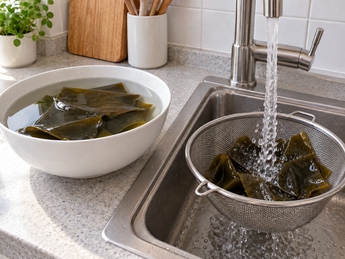 Mung Bean and Kelp Sweet Soup — Soak kelp separately as labelled, then rinse away grit