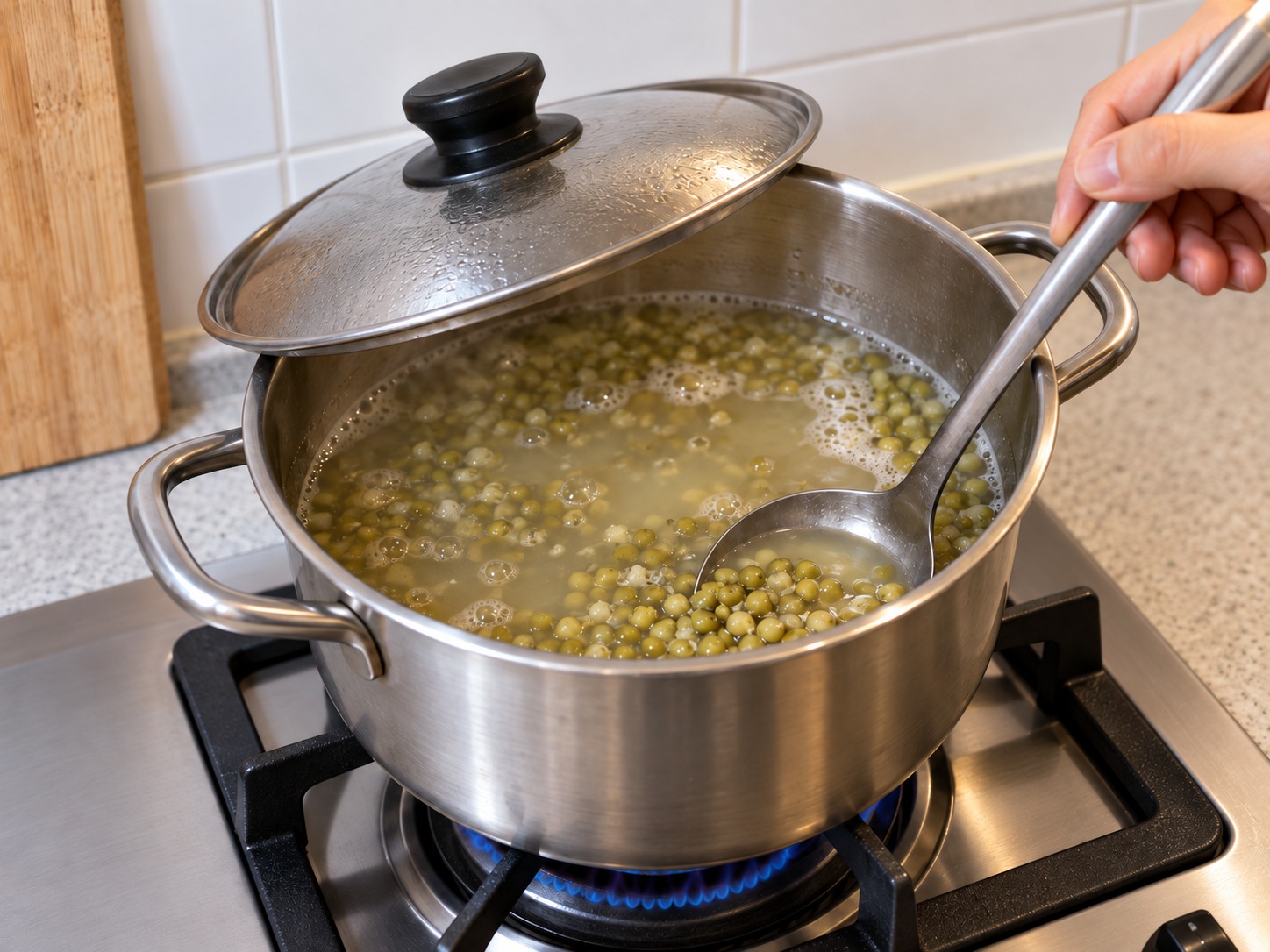 Mung Bean and Kelp Sweet Soup — Partly cover and simmer thirty minutes, stirring the bottom occasionally
