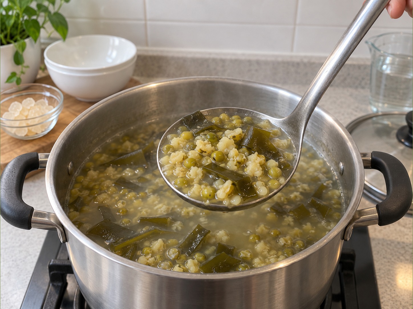 Mung Bean and Kelp Sweet Soup — Check beans have no hard core and kelp is tender; loosen with hot water if thick