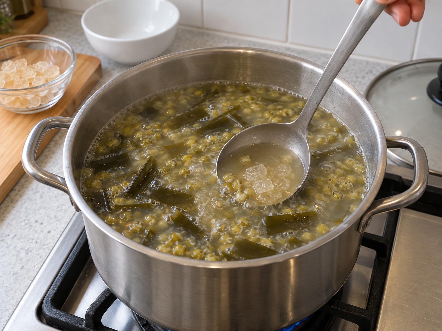 Mung Bean and Kelp Sweet Soup — Stir in rock sugar to dissolve and simmer two minutes