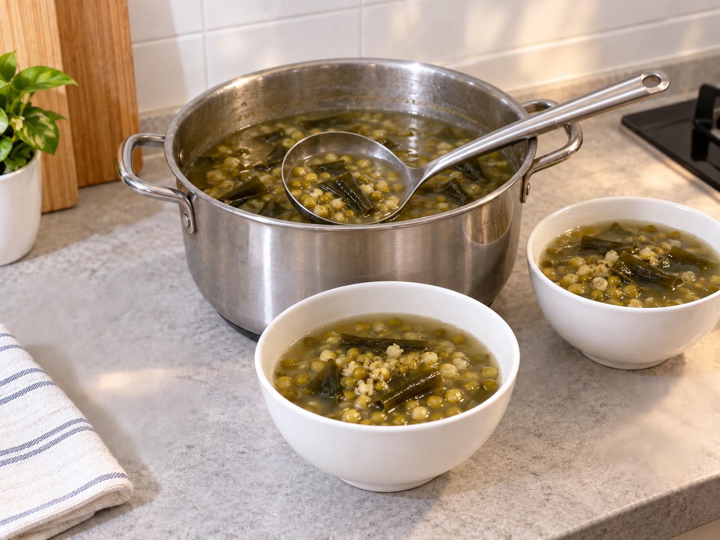 Mung Bean and Kelp Sweet Soup — Stir soup evenly, ladle into bowls and cool slightly before serving