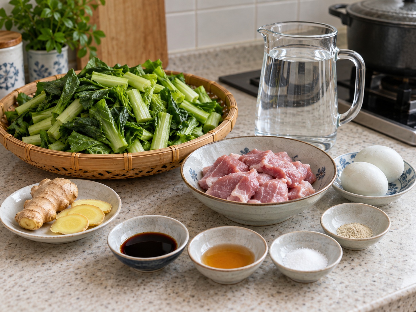 Cantonese na Sabaw ng Mustard Greens, Maalat na Itlog, at Hiniwang Baboy — mga sangkap