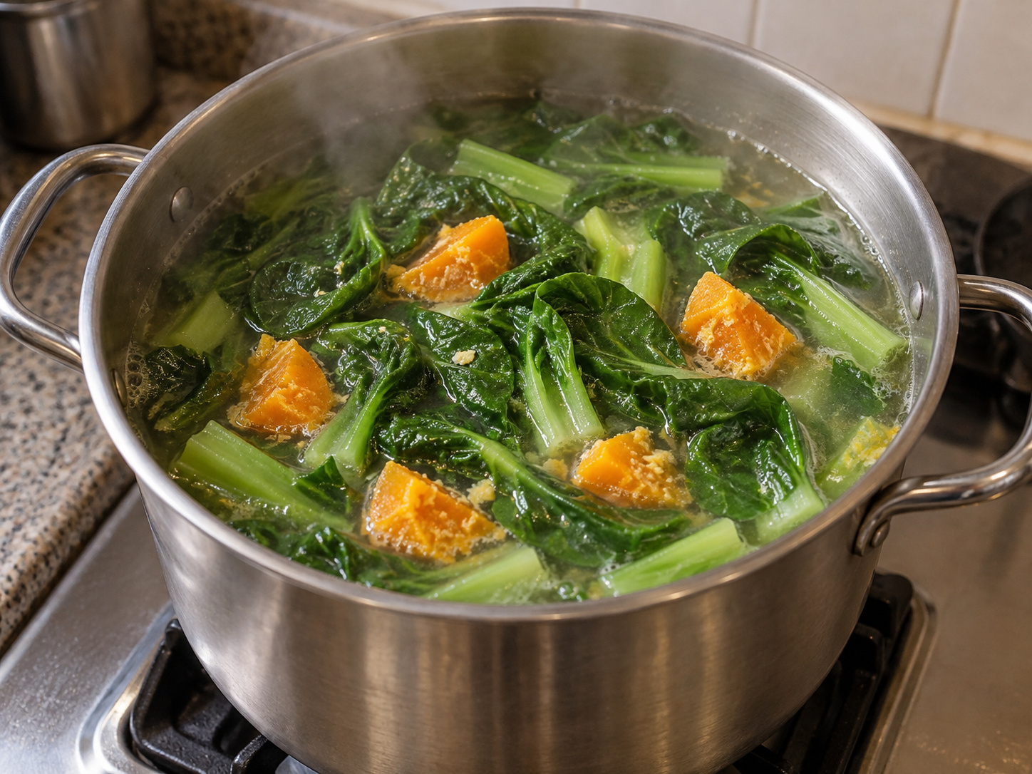 Cantonese na Sabaw ng Mustard Greens, Maalat na Itlog, at Hiniwang Baboy — Ilagay ang dahon at pula