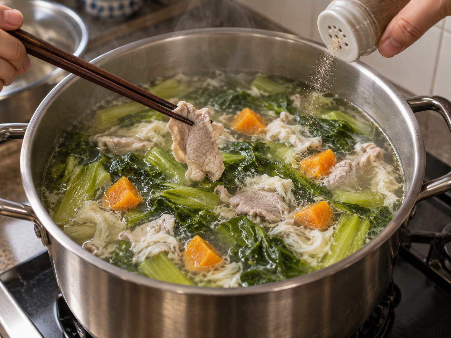 Cantonese na Sabaw ng Mustard Greens, Maalat na Itlog, at Hiniwang Baboy — Suriin at timplahan