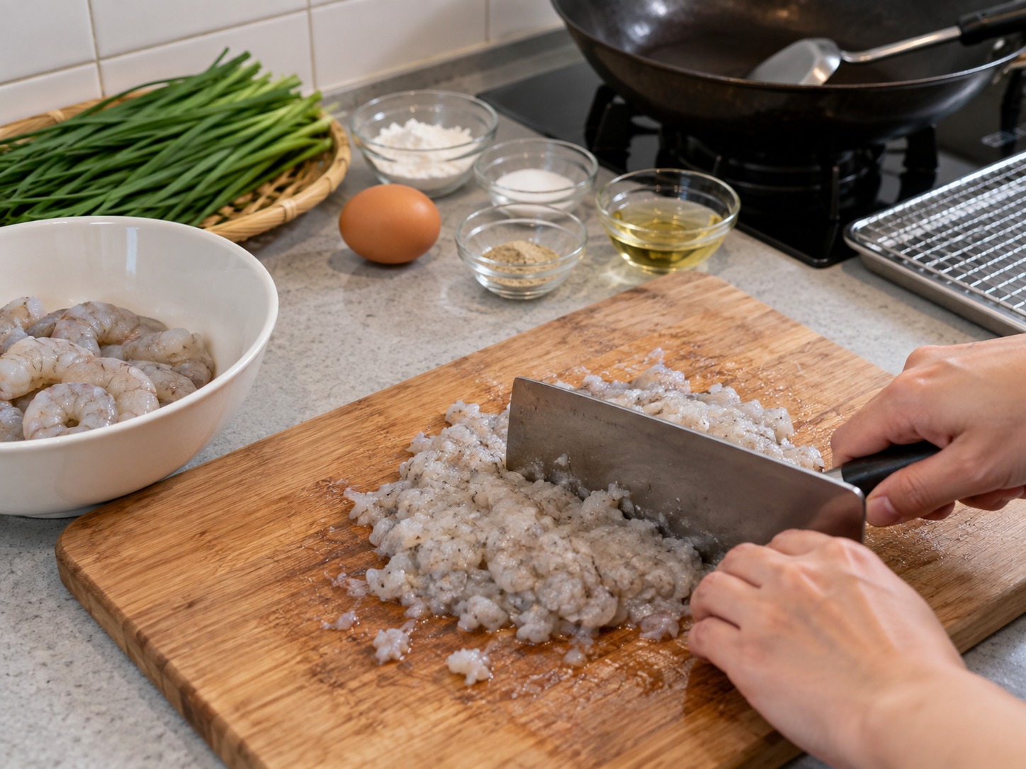 Cantonese Pan-Fried Chive Shrimp Cakes — Chop two-thirds of the shrimp into a coarse sticky paste
