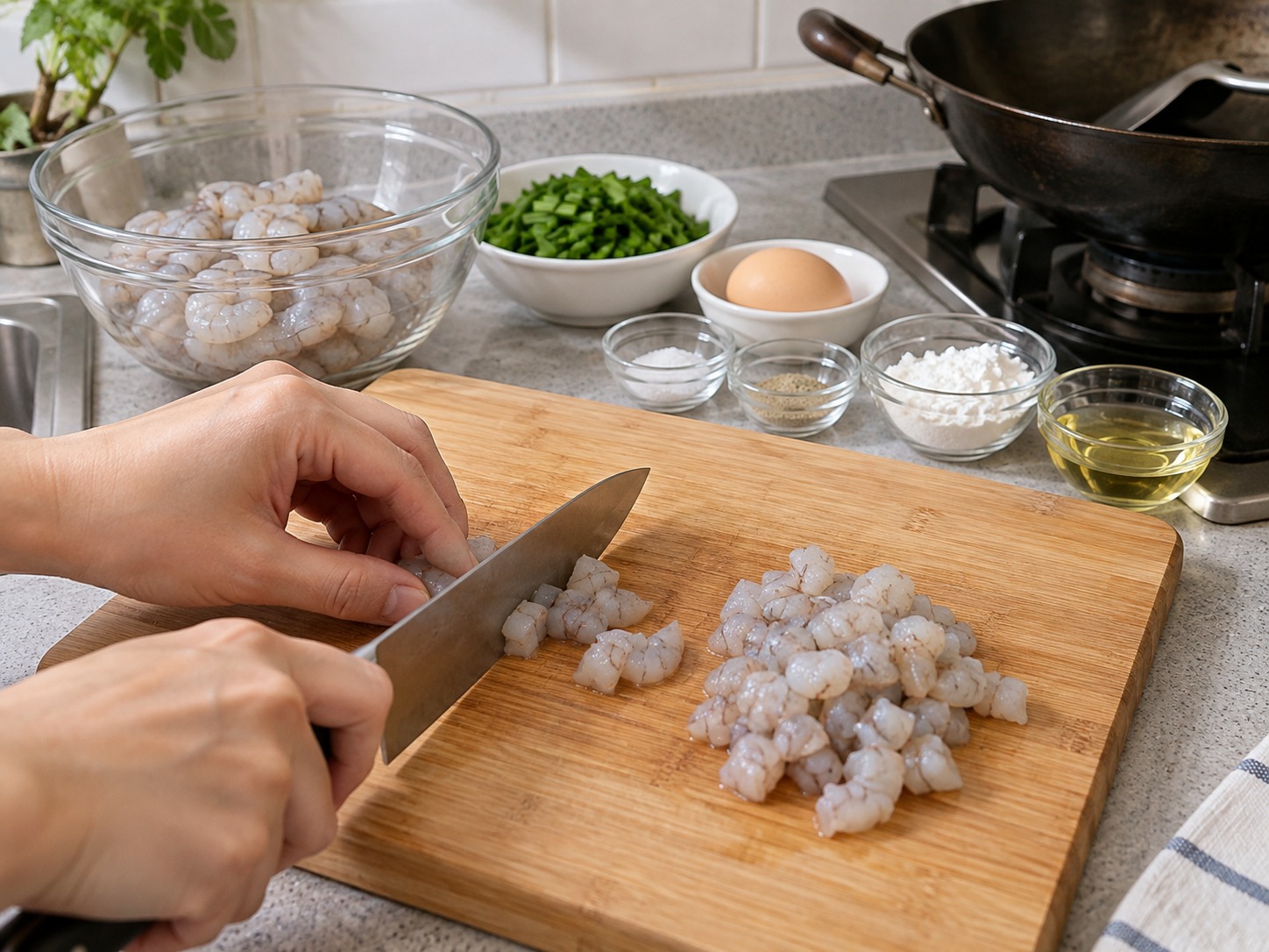 Cantonese Pan-Fried Chive Shrimp Cakes — Cut the remaining shrimp into one-centimetre pieces