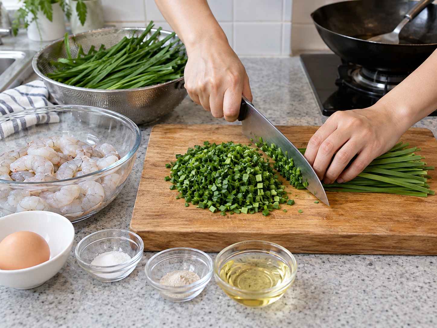 Cantonese Pan-Fried Chive Shrimp Cakes — Wash, dry and finely cut the Chinese chives