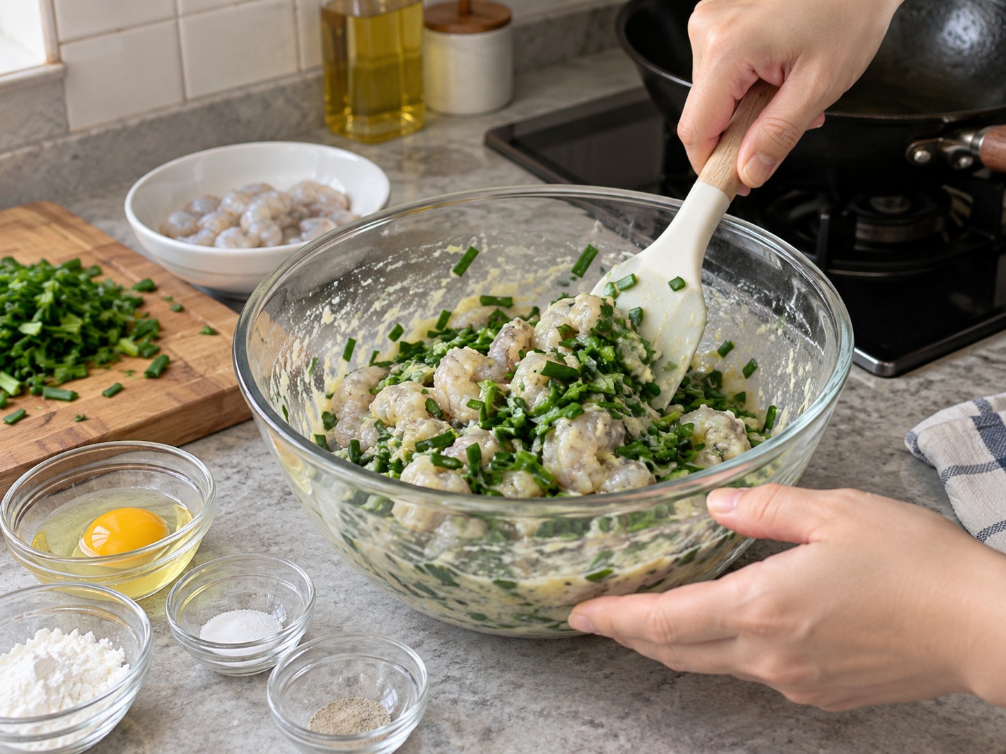 Cantonese Pan-Fried Chive Shrimp Cakes — Fold in shrimp pieces and chives without crushing them
