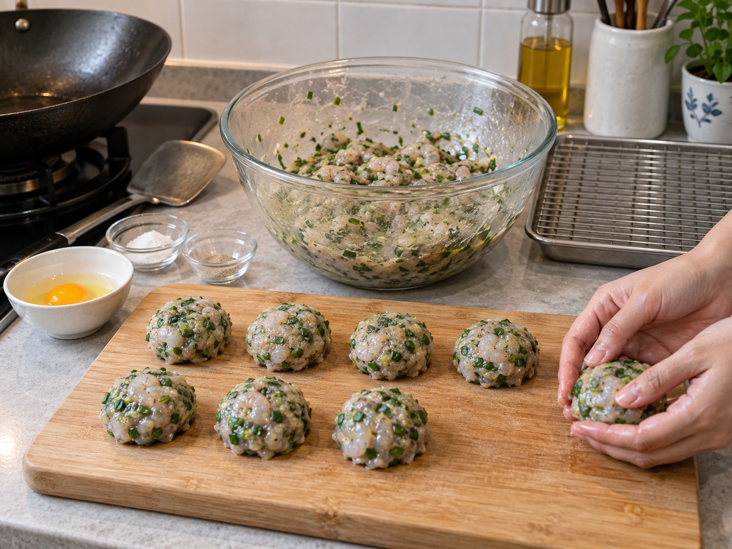 Cantonese Pan-Fried Chive Shrimp Cakes — Chill the mixture ten minutes and divide into eight portions