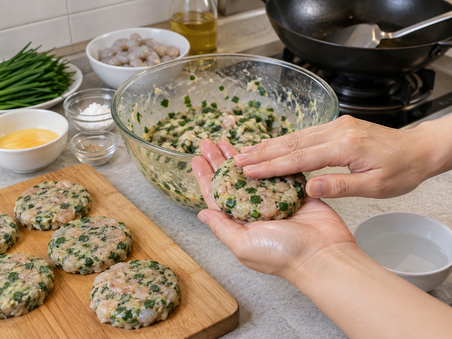 Cantonese Pan-Fried Chive Shrimp Cakes — With wet hands, shape each portion into a one-centimetre patty