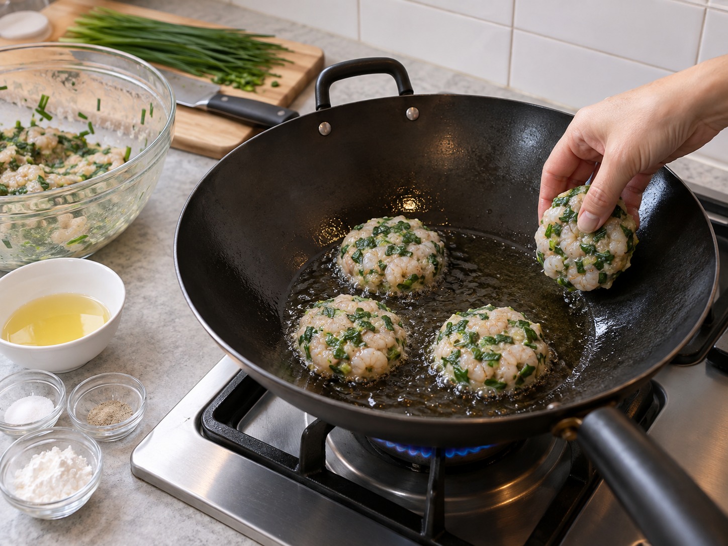 Cantonese Pan-Fried Chive Shrimp Cakes — Heat oil over medium and add the cakes with space between them